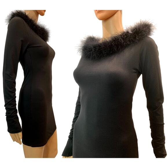 NEW Vintage Nadia Aboulhosn Mini Dress Black Marabou Trim - Picture 2 of 8